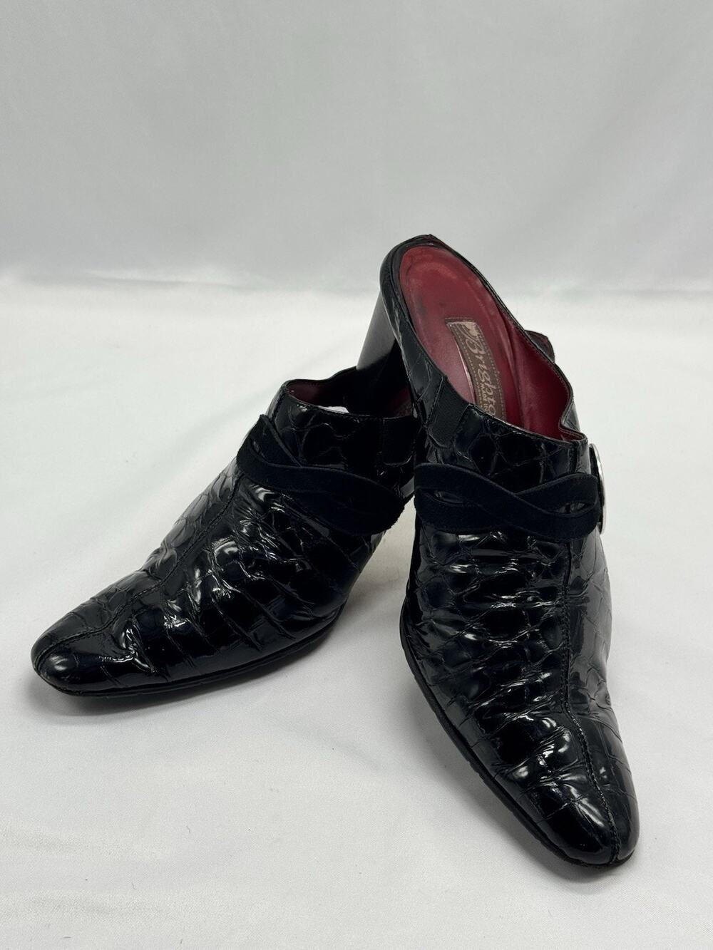 Brighton Black Romeo Mules Shoes Heels Pump Silver Croc Slip-On 8.5 Work Office